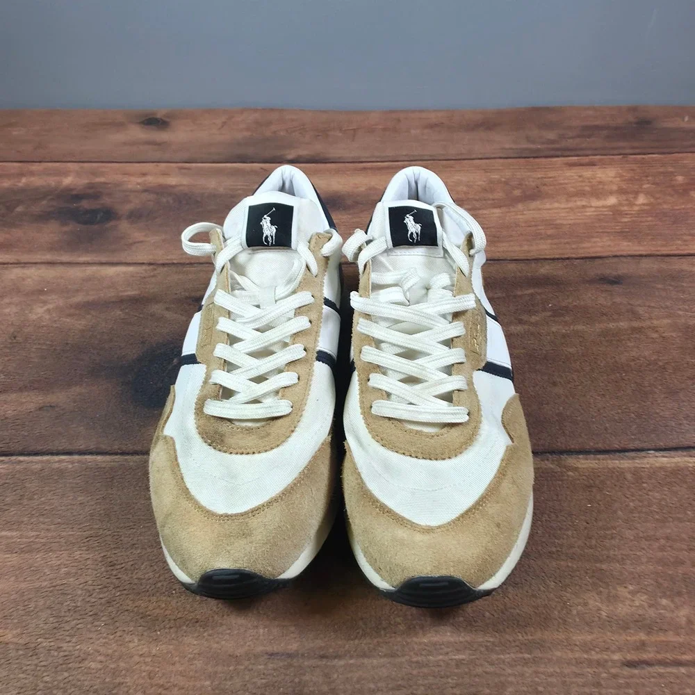 Polo Ralph Lauren Train 85 Sneaker Mens 11 Cream Tan Good Suede Nylon Runner